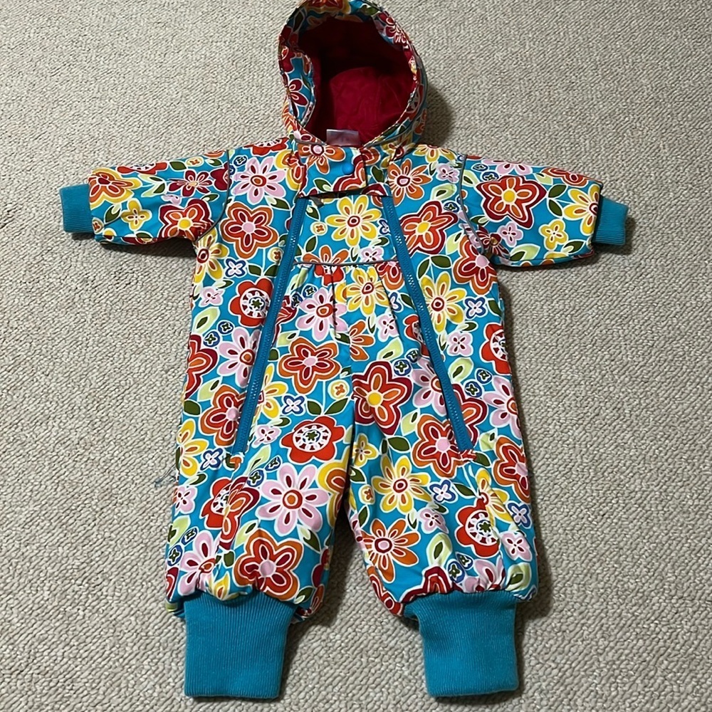 Hanna Andersson Multicolor Floral Hooded Puffer Snowsuit - Teal, Red, Yellow